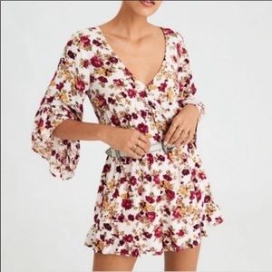 American Eagle Cream Floral Surplice Romper